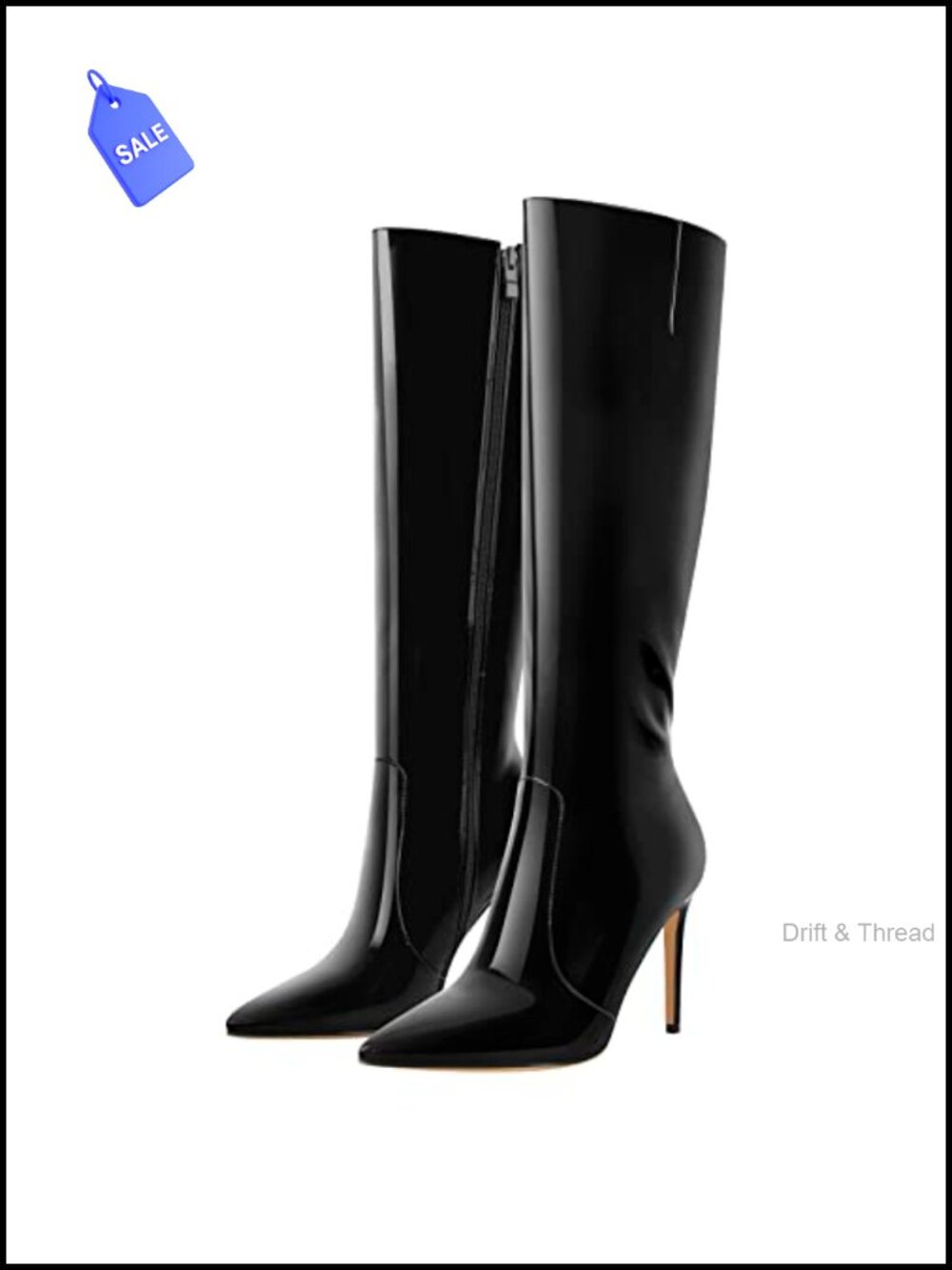 LISHAN Faux Patent Leather Knee-High Stiletto Heel Boots Pointed Toe